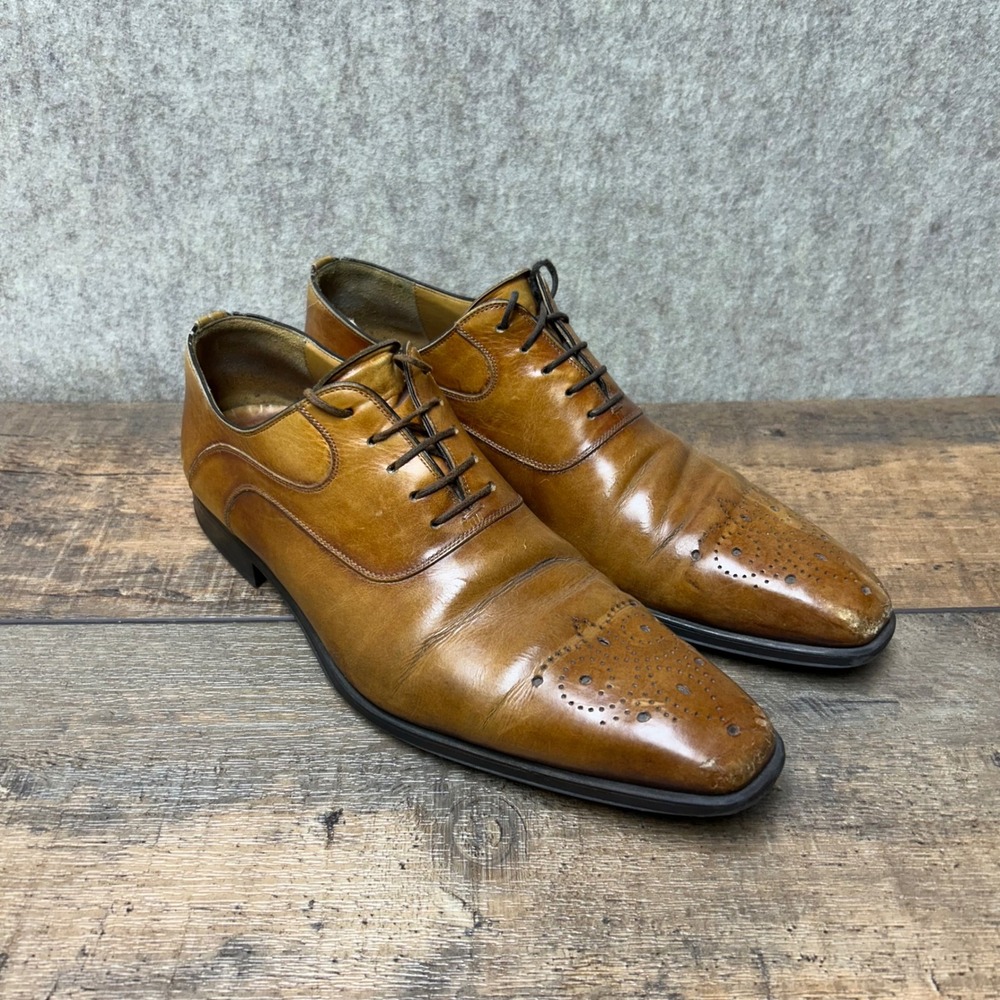 Magnanni Mens‎ Leather Oxford Dress Shoes Brogue Size 8.5 Saffron Brown